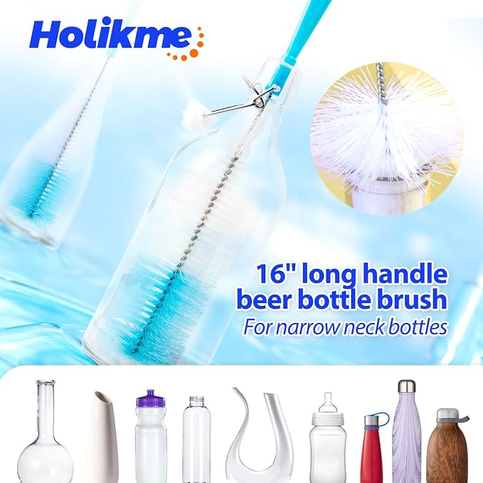 Holikme Bottle Brush Tube Cleaning Lab Set with Long Handle, Cup Cleaner for Washing Narrow Neck Beer Wine Decanter Pipes Lids Sinks Cap Covers, White