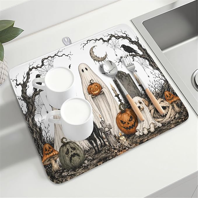 Halloween Ghost Dish Drying Mat for Kitchen Counter Spooky Pumpkins Dog Cat Crow Pattern Microfiber Dish Drainer Mat Vintage Holiday Absorbent Washable Drying Pad 16"x18"