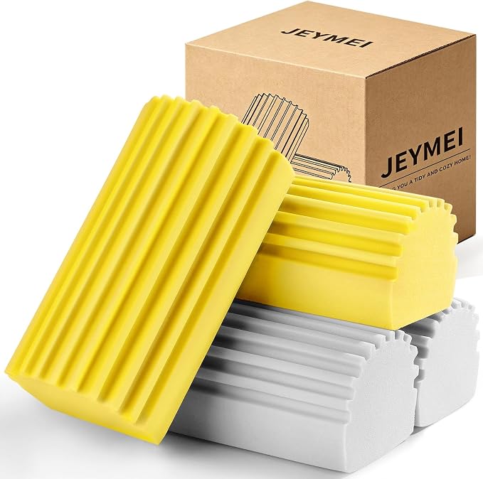 Jeymei Damp Clean Duster Sponge,4Pcs Dust Sponge for Cleaning,Gray & Yellow | Damp Dusting Sponge with Ridges,Baseboard Cleaning Tool,Reusable Wet Duster Sponge,Household Cleaning Sponges for Blinds