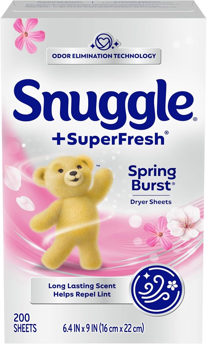Snuggle SuperFresh Dryer Sheets, 200 Count, Spring Burst | Long-Lasting Fresh Clean Scent, Odor-Eliminating formula, Softens, Reduces Static and Wrinkles, Repels Lint & Pet Hair.