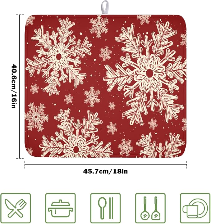 Red Christmas Dish Drying Mat for Kitchen Counter 16x18 Inch | Christmas Snowflake Dish Drainer Mat Rustic Farmhouse Xmas Holiday Absorbent Washable Drying Pad