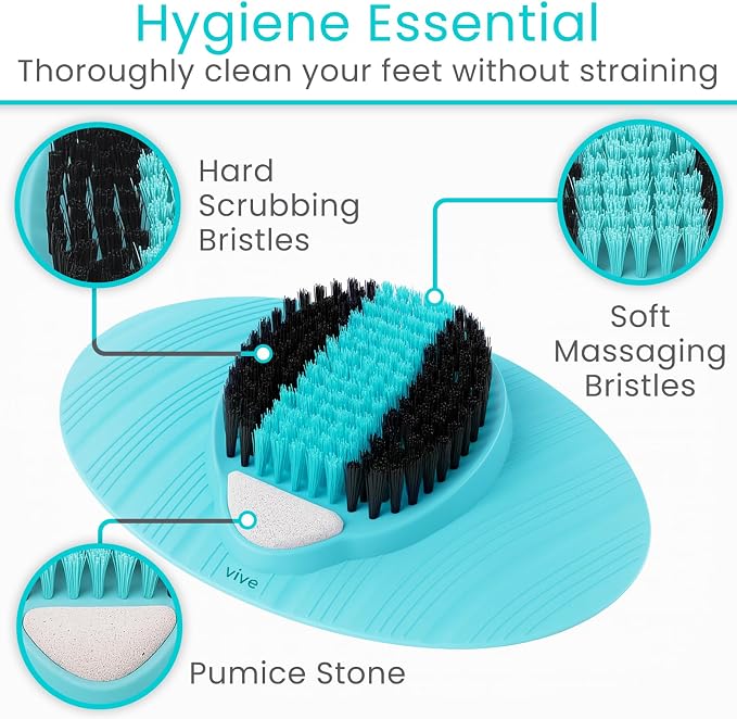 Vive Foot Scrubber for Shower Floor - Feet Cleaner for Dead Skin with Pumice Stone - Massager and Brush Exfoliating - Callus Remover, Improve Circulation and Relieves Pain - Nonslip Suction Cups