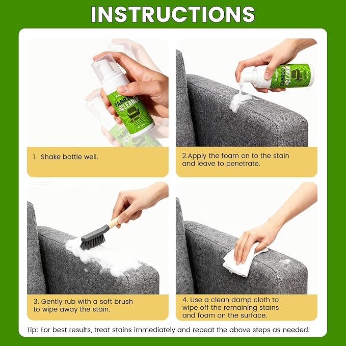 Upholstery Foam Cleaning 2 Pack, No Rinse Fabric Cleaner for Sofas, Couches & Car Seats, Quickly Lifts Stains & Dirt, Safe for Households with Kids & Pets, Easy-to-Use for Fresh & Spotless