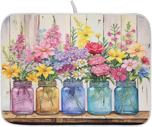 Spring Floral Jars Rustic Dish Drying Mat for Kitchen Counter Absorbent Microfiber Large Drying Pad Flowers Dish Mats for Kitchen Countertops 18 x 24 Inch