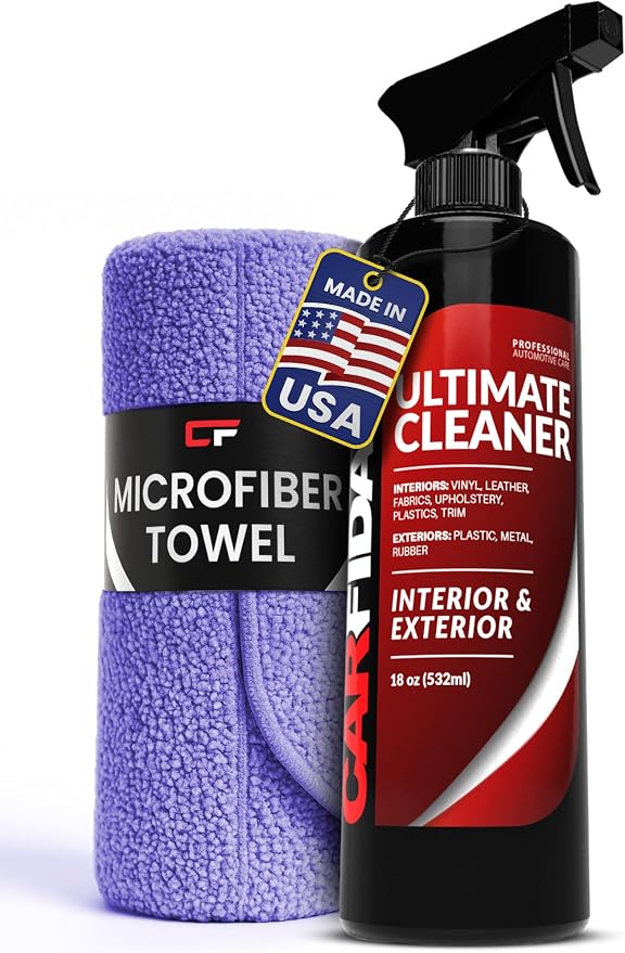 Carfidant Car Interior Cleaner – Stain Remover & Odor Eliminator – No Residue Finish – Safe on Leather, Fabric, Carpet & Plastic – Detailing Spray with Microfiber Towel – 18oz