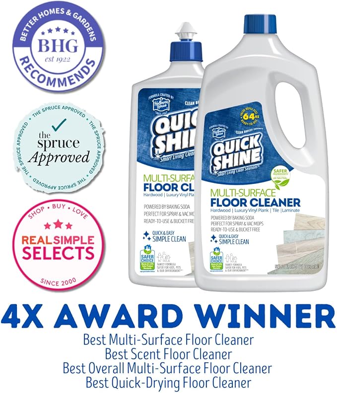 Quick Shine Multi-Surface Floor Cleaner 64 oz-4 Pk, Streak-Free, No Residue | Powered by Baking Soda, Clean Breeze Essence, pH Neutral, No Rinse, PFAS & Ammonia Free, EPA Safer Choice Made in USA