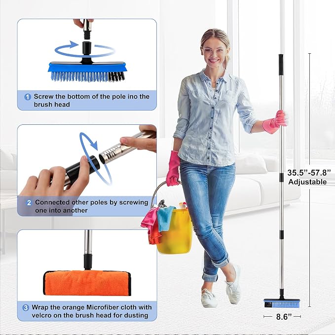 Grout Cleaner Brush with Long Handle, V-Shaped Floor Scrub Brush Swivel Grout Brush Stiff Bristle Floor Grout Scrubber for Bathroom, Tile Line, Crevice, Kitchen, Wall, Deck, Garage (Blue)