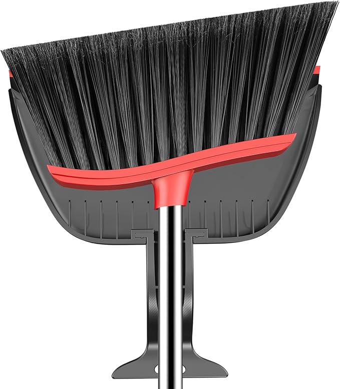 Broom and Step-on Dustpan Set, 59-in Adjustable Long Handle Broom with Dustpan Combo Set Outdoor Angle Broom for Sweeping Indoor Dust Pet Hair for Cleaning Kitchen Garage Deck Patio, Black&Red