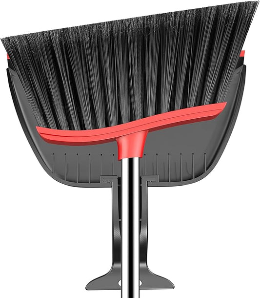 Broom and Step-on Dustpan Set, 59-in Adjustable Long Handle Broom with Dustpan Combo Set Outdoor Angle Broom for Sweeping Indoor Dust Pet Hair for Cleaning Kitchen Garage Deck Patio, Black&Red