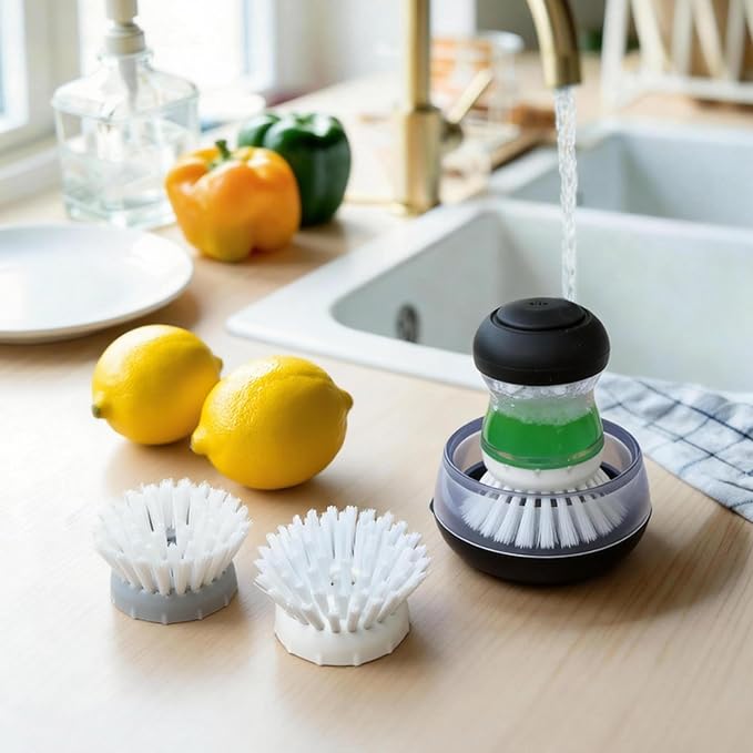 Scrub Brush 4 Pack for OXO Soap Dispenser & Dish Brush | Refill B compatible, stiff nylon bristles, white round 2.75" heads, kitchen sink brush, dish wand refill, safe for non-stick