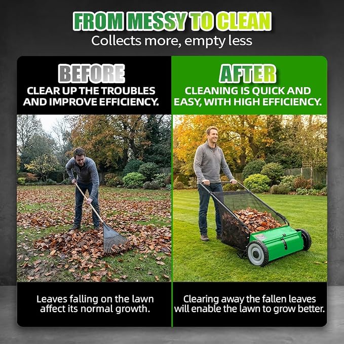 PPOLB 26" Push Lawn Sweeper, 7 cu.ft Large Capacity Yard Sweeper Push, 5:1 High-Density 4 Brushes, Adjustable Height, Heavy Duty Leaf Collector with Detachable Hopper, Rubber Wheels, Ergonomic Handle