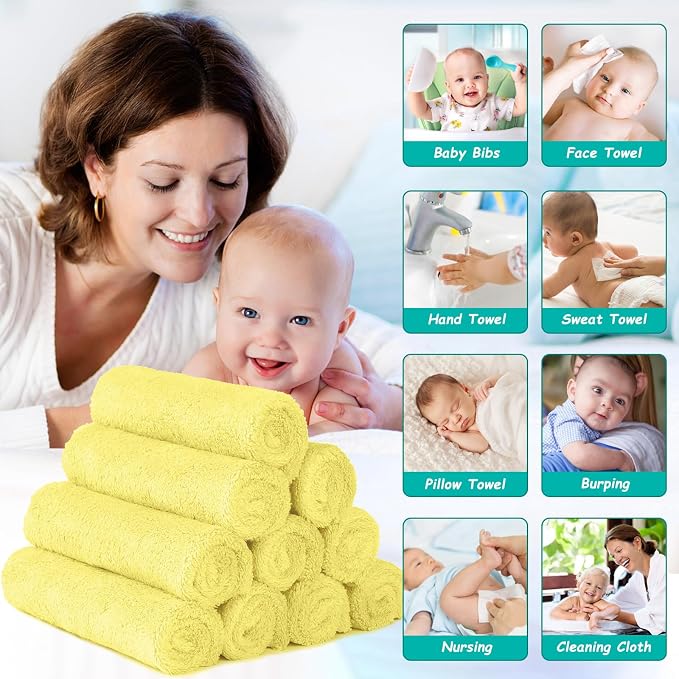 HOMEXCEL Baby Washcloths 12 Pack-Microfiber Coral Fleece Baby Bath Face Towel 7 x 9 Inch Extra Absorbent Soft Burp Cloth and Wash Cloths for Newborn-Infants and Toddlers,Yellow