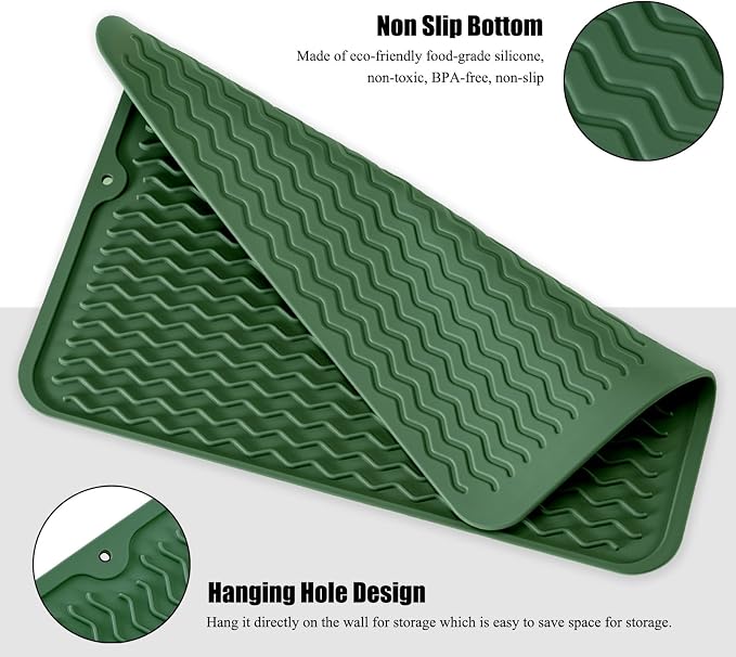 Large 14" x 11" Silicone Dish Drying Mat for Kitchen Counter, Easy clean, Quick Dry, Heat-resistant Dish Drainer Mat for Sink,Refrigerator or Drawer liner (Food Grade Silicone-Dark Green)