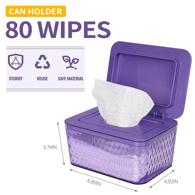 Wipes Dispenser, One-Handed Operation Wipe Holder for Baby & Adult, Seal-Designed Wipes Container for Bathroom Keep Diaper Wipes Fresh (Purple)