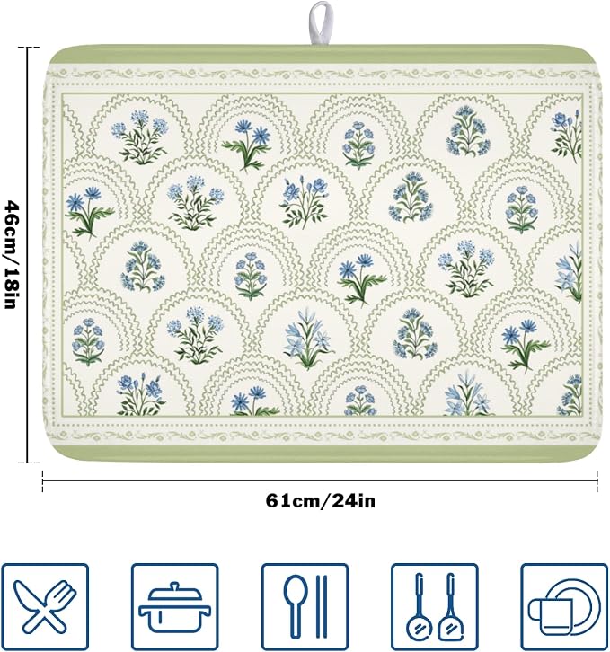 Blue Floral Print Green Stripe Dish Drying Mat 18x24 Inch | Rustic，Polyester，Absorbent Microfiber，for Kitchen Coffee Dining Bar Decor
