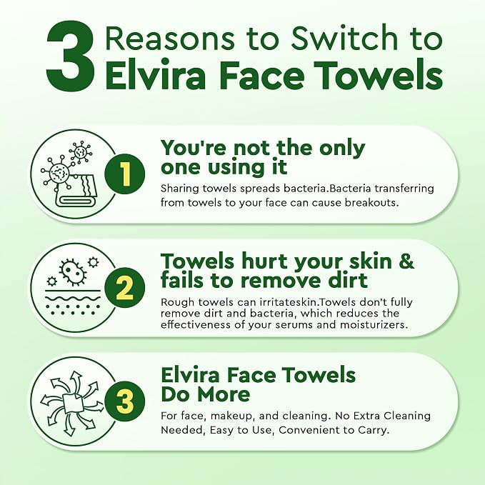 Elvira 100 Count Disposable Face Towels, Biodegradable Skincare Facial Cleansing Towels, Ultra Soft & Thick Makeup Remover Dry Wipes, Lint-Free & Vegan for Sensitive Skin, Travel Essential