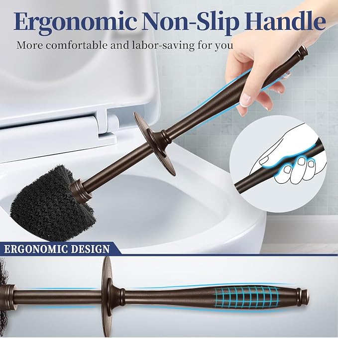 HAMITOR Toilet Bowl Brush Holder Set: Classic Round Bristle Head Deep Cleaning Cleaner Scrubber with Tall Caddy for Restroom - Home Bathroom Decor Accessories - Bronze 3 Pack