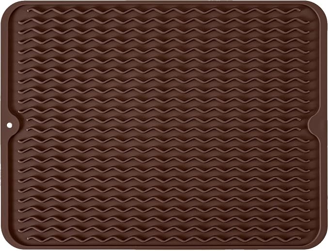 Large 24" x 18" Silicone Dish Drying Mat for Kitchen Counter, Easy clean, Quick Dry, Heat-resistant Dish Drainer Mat for Sink,Refrigerator or Drawer liner (Food Grade Silicone-Coffee)