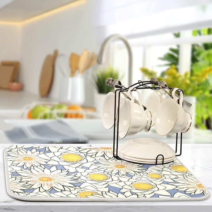 Absorbent Dish Drying Mat for Kitchen Counter - Flowers Lotus Yellow Microfiber Drying Pad, Reversible Drainer Mats for Countertop, Lager 18 x 24 inch