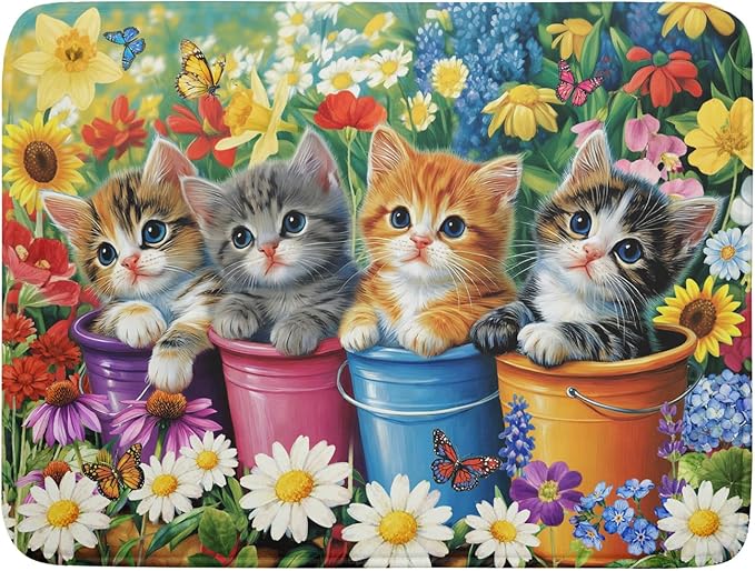 Lovely Cat Drying Mat for Kitchen Counter Colorful Flower Absorbent Coffee Bar Mat 18 X 24