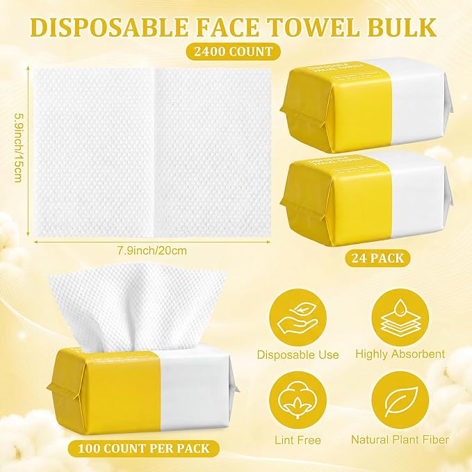 Riakrum 2400 Count Disposable Face Towel Bulk Ultra Soft Facial Tissues Thick Washcloths Makeup Remover Dry Wipes Towelettes Cleansing Cloths for Travel Spa, Salon Home Skincare
