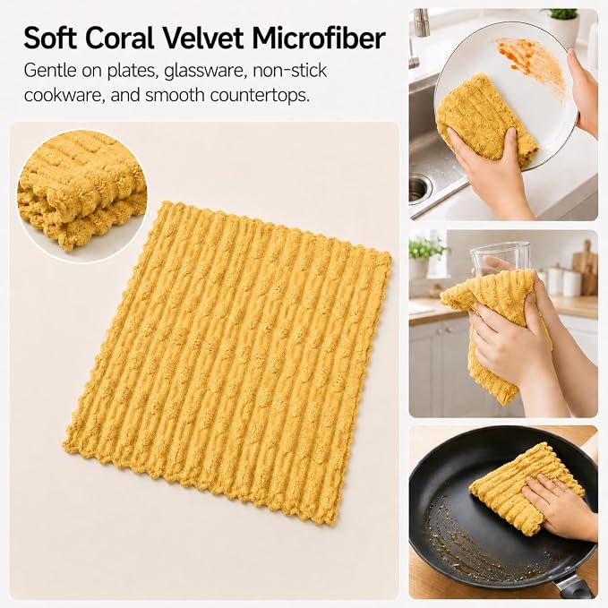 kimteny Microfiber Dish Cloths for Kitchen, 8 Pack 12 x 12 Inch Coral Velvet Kitchen Cleaning Cloths, Absorbent Reusable Non-Scratch Dish Rags for Dishes, Countertops & Sink