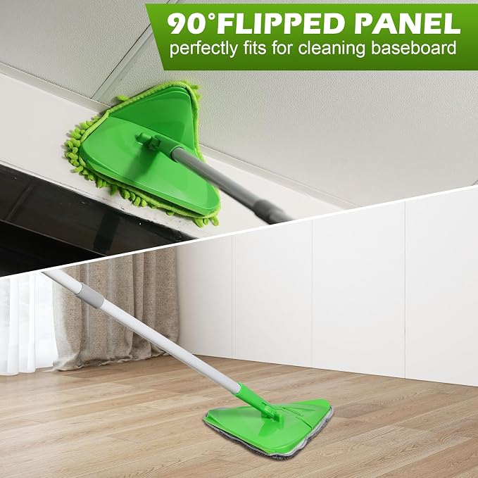 RONSUNG Wall Cleaner Mop, 82-Inch Handle, Baseboard Cleaner Tool, 4 Pads | Wall scrubber with long handle, triangle head, squeegee, and 4 pads for walls, ceilings, windows, baseboards, and floors