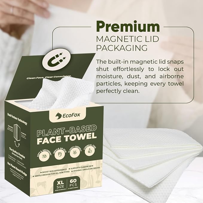 EcoFox Clean Face Towels XL | Disposable Facial Washcloths, Ultra-Absorbent, Hypoallergenic & Soft Towelettes | Dual-Textured, Lint-Free Makeup Remover Dry Wipes, 10x12 Inch | PETA-Approved (60 Pack)