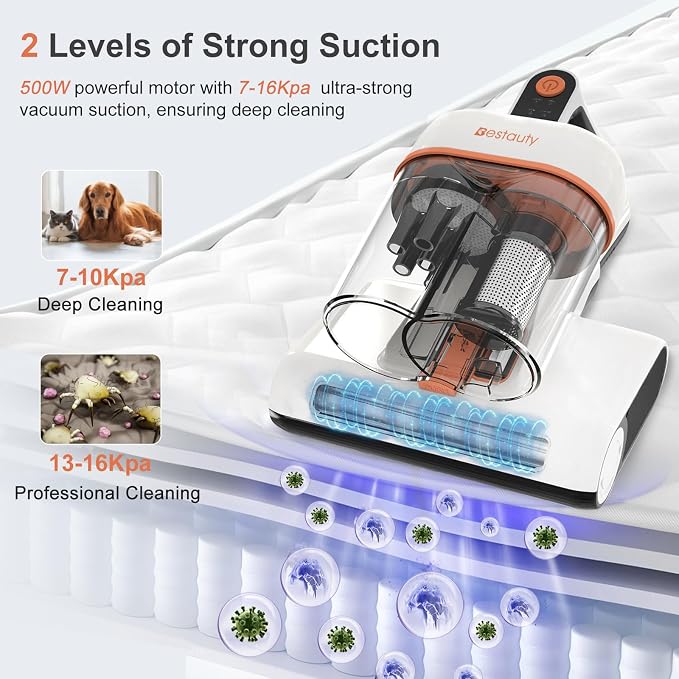 Bestauty Bed Vacuum Cleaner, 500W Mattress Cleaner with UV, 7-16Kpa 2 Levels of Adjustable Powerful Suction Mattress Vacuum Cleaner, 6 Stage Filtration System for 99.9% Filtration, Lightweight, Corded