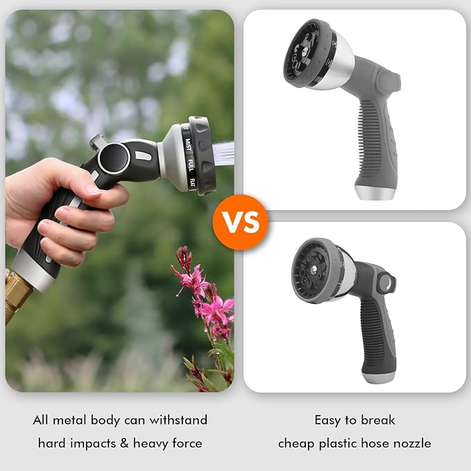 RESTMO Hose Nozzle Heavy Duty, Metal Water Hose Sprayer for Garden | 9 Spray Patterns, Leak Proof, Thumb Flow Control, On/Off Valve, Ideal for Outdoor Lawn & Plant, Car & Pet, Silver