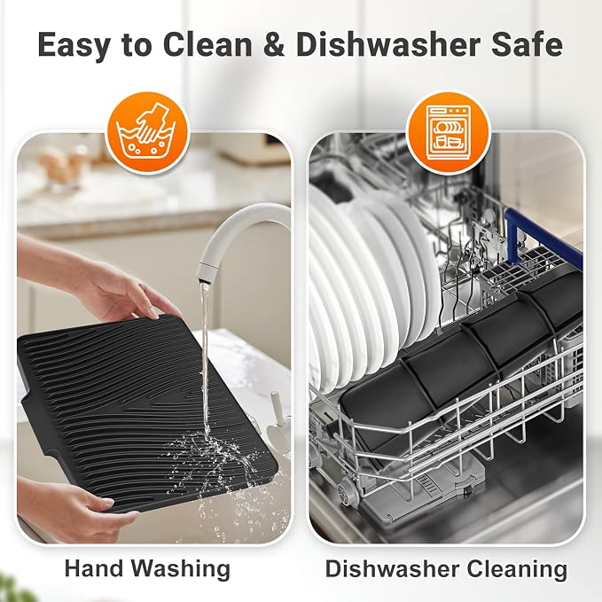 Silicone Dish Drying Mat for Kitchen counter, 19.7"x17" 2Pcs Extra Large Non-Slip Drain Pad with Built-in Drainage, Heat Resistant Dishwasher Safe, Black
