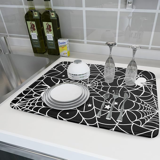 Halloween Dish Drying Mat for Kitchen Counter Spooky Spiders Festival Microfiber Absorbent Dish Draining Reusable Washable Foldable Extra Large 18"x24"