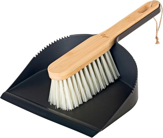 Vigar Vintage Mini Bamboo Broom with Dustpan Combo Set, Black | Small Dust Pan and Brush Set, For Dust, Pet Hair, Car and Crumbs, House and Kitchen Cleaning, Bamboo Broom