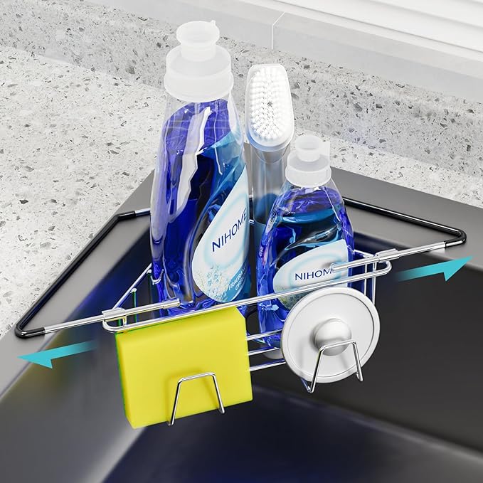 NiHome Extendable Arm Stainless Steel Kitchen Sink Corner Caddy, Easy Install Space-Saving Adjustable Sponge Holder, Non-Slip Rust-Resistant for Brushes, Soap, Sponges (Silver)