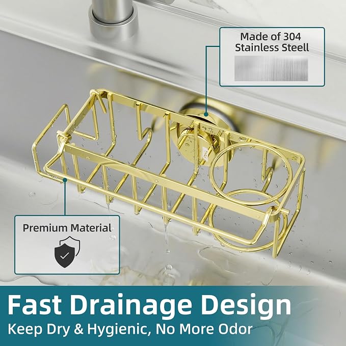 TAILI 4-in-1 Sink Caddy with Strong Suction Cup, Sponge Holder for Kitchen Sink Organizer, Removable, Rustproof, Stainless Steel Holder for Sponge, Brush, Scrubber, Scraper - Gold