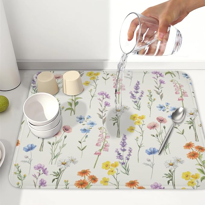 Spring Summer Colorful Floral Dish Drying Mat 16x18 Inch | Wildflower，Polyester，Absorbent Microfiber，for Kitchen Coffee Dining Bar Decor