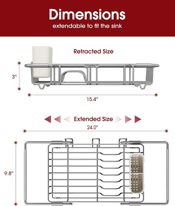 Sakugi Dish Drying Rack in Sink - Expandable Stainless Steel Dish Rack Over the Sink, Kitchen Sink Drain Strainer with Cutlery Holder & Cup Holders, 15.4 x 9.8 x 3.0 Inch, Silver