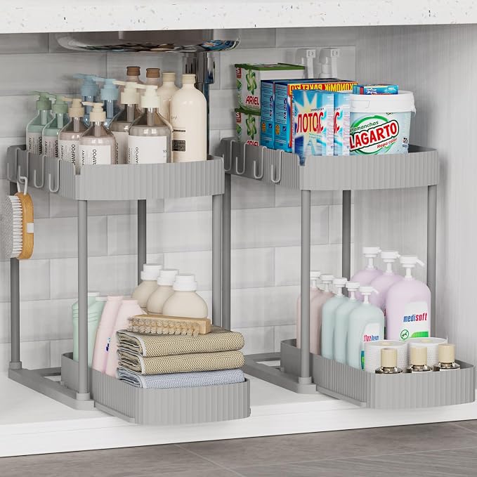 Ukeetap 2 Pack Multi-Purpose Pull-Out Storage Organizers, Under Sink Organizers and Storage for Bathroom & Kitchen, Under Cabinet Organizers and storage, 14.8 Inch, Grey
