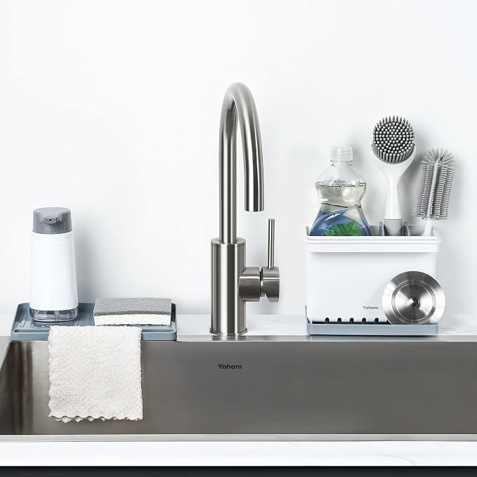 YOHOM Sink Brush Holder for Kitchen Sink Sponge Caddy Countertop Organizer Plastic Dish Scrubber Holder with Dividers