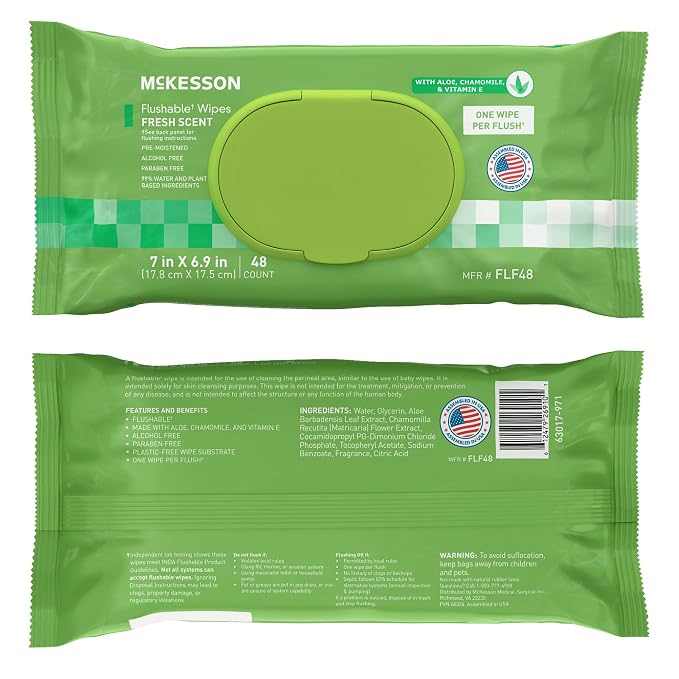 McKesson Flushable Adult Wet Wipes, Scented, 576 Wipes (12 Pack of 48) | Plant-Based Cleansing Wipes, Scented, Gentle on Skin, Plant-Based Adult Cleansing Wipes