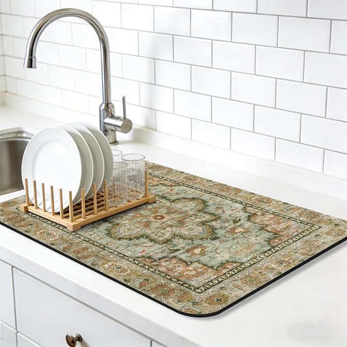 Dish Drying Mat, Vintage Rustic Boho Kitchen Dishes Absorbent Pad, 16x18in | Eco-friendly diatomite with non-slip rubber backing. Super absorbent mat for kitchen counters, coffee bars & sinks