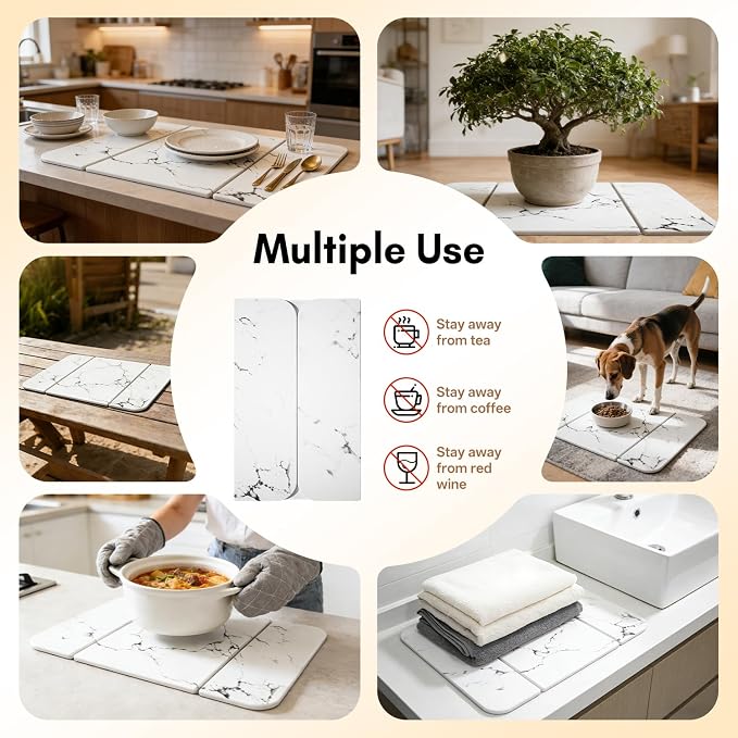 Stone Drying Mat for Kitchen Counter, Foldable Quick-Dry Dish Drying Mat, Water-Absorbent Marble Diatomaceous Earth Mats for Dishes, Cups & Bottles on Any Countertop(20"x16")