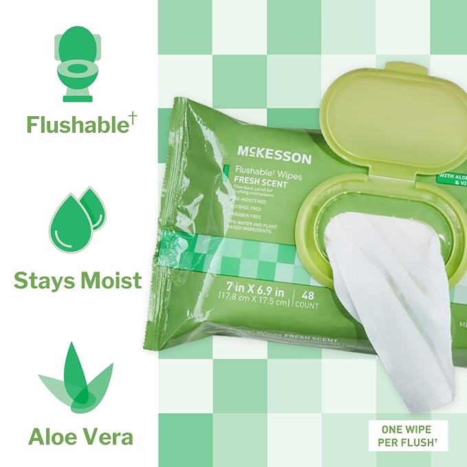 McKesson Flushable Adult Wet Wipes, Scented, 288 Wipes (6 Pack of 48) | Plant-Based Cleansing Wipes, Scented, Gentle on Skin, Plant-Based Adult Cleansing Wipes