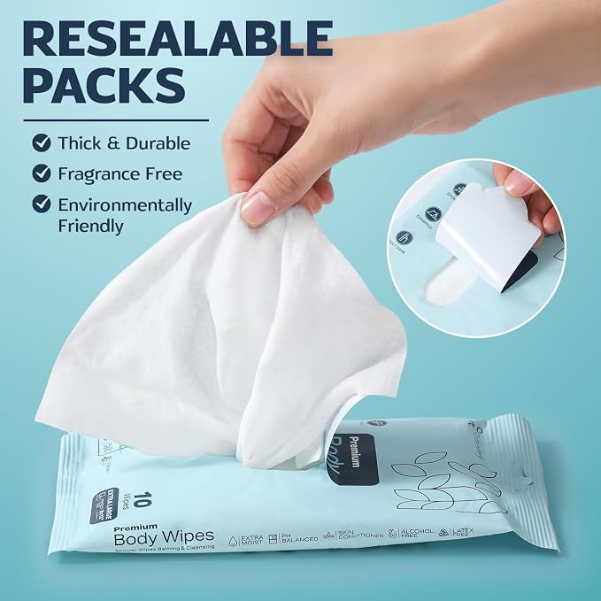 60 XL Shower Wipes – Body Wipes for Adults Bathing No Rinse – 6 Packs of 10 – Extra Moist Bath with Aloe & Vitamin E for Camping, Travel, Gym & Bedridden Care