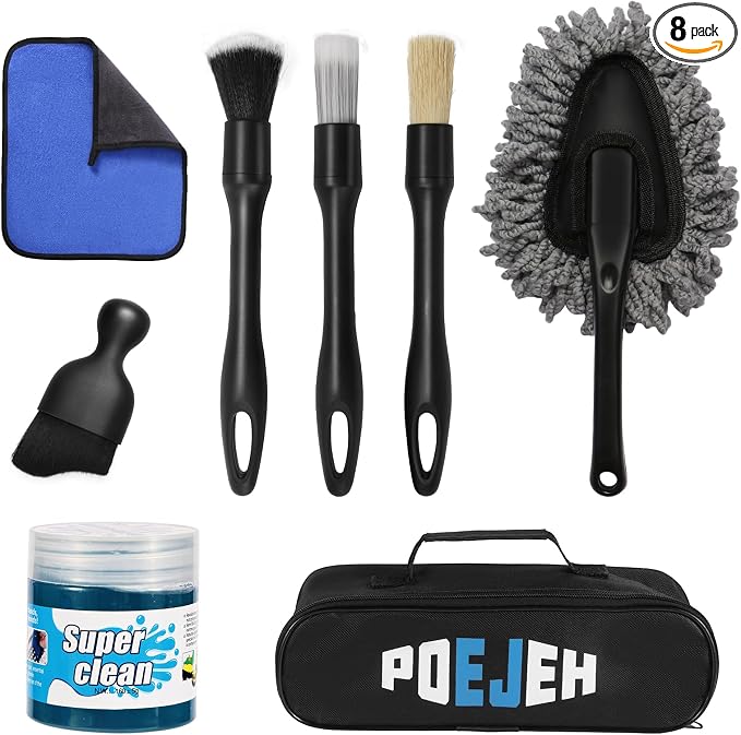 8PCS Car Detailing Kit Boars Hair Brush 160g Reusable Gel Auto Home Use | Scratch-free soft microfiber cloths, big capacity gel, complete car care set, ideal gift for all car lovers