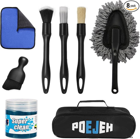 8PCS Car Detailing Kit Boars Hair Brush 160g Reusable Gel Auto Home Use | Scratch-free soft microfiber cloths, big capacity gel, complete car care set, ideal gift for all car lovers