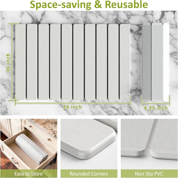 Large Stone Dish Drying Mat for Kitchen Counter, 24"(L)×16"(W), Collapsible Quick Dry Stone Dish Mats, Super Absorbent Diatomaceous Earth Drying Pad for Dishes Bottles Cups, Any Countertop (White)