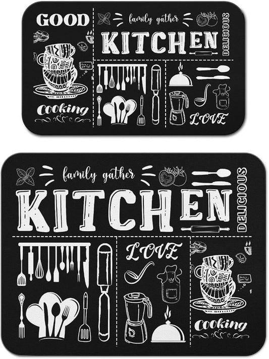 Dish Drying Mat 2-Pack in Chalkboard Kitchen for Kitchen Counter Dishes | Diatom Mud Mats (18x24, 19.5x12"). Non-slip rubber back for kitchen counter, coffee bar & sink scenes