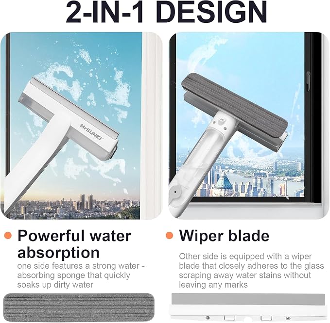 4 in 1 Window Squeegee with Wastewater Tray, Window Cleaner Tool with Spray Bottle, 70.87" Adjustable Extension Pole for Shower Glass & Car Window