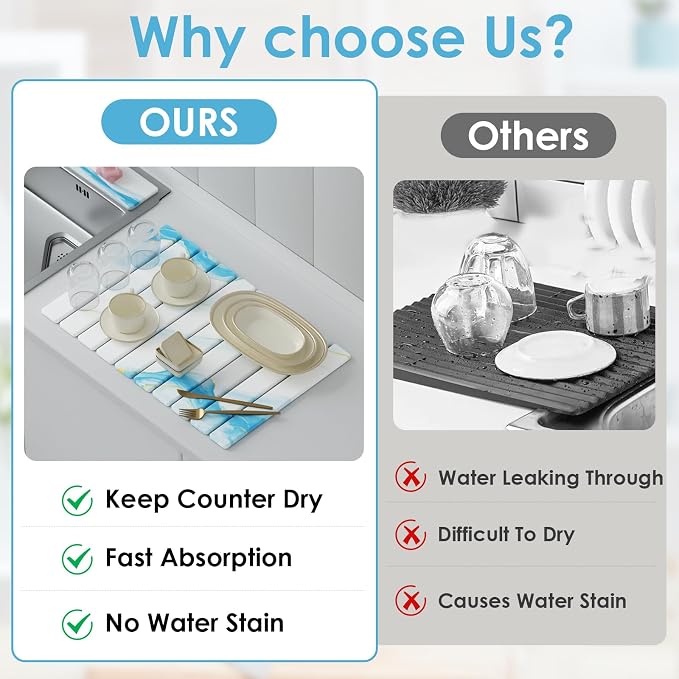 4-Piece Large Stone Dish Drying Mat for Kitchen Counter, 24"x16" Super Absorbent Diatomaceous Earth Drying Mat Set with Faucet Mat & Small Utility Mat, Rollable Quick Dry Pad for Dishes, Cups, Bottles